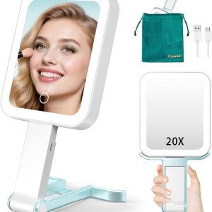 Mocado 20X/1X Magnifying Mirror with Light Travel Makeup Mirror with Lights | Double Sided Travel Mirror with 3 Color Light,Dimmable Touch, Lighted Makeup Mirror for Tabletop, Handheld, Hanging(Blue)