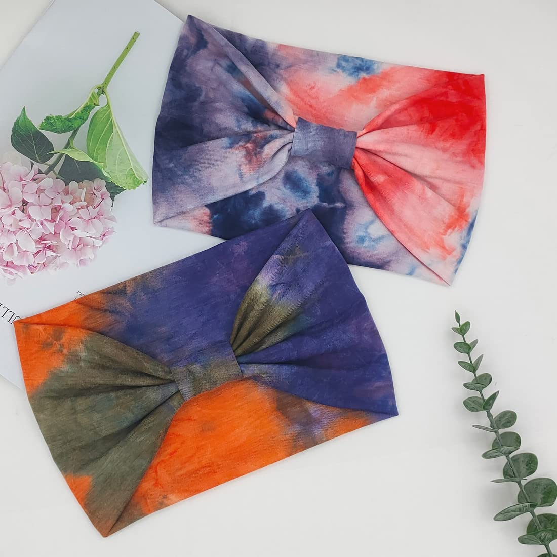 YONUF Wide Boho Headbands for Women Fashion Knotted Headband Yoga Workout Hair Accessories African Head Wrap Orange Tie Dye 4 Pack - Image 2