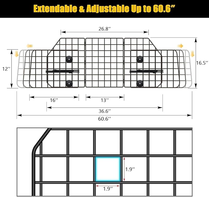 Gtongoko Dog Car Barrier for SUV, Heavy Duty Steel Wire Mesh Pet Divider for Vehicles Adjustable Universal Fit Dog Travel Barrier for Cars Trucks & SUVs, Cargo Area Safety Gate with Elastic Ropes - Image 2