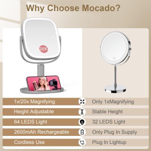 Mocado Makeup Mirror with Lights, 1X/20X Magnifying Mirror with Light, Vanity Mirror with 3 Colors Lights, Height Adjustable Lighted Makeup Mirror, Double Sided 360°Rotation, Memory Function (Grey