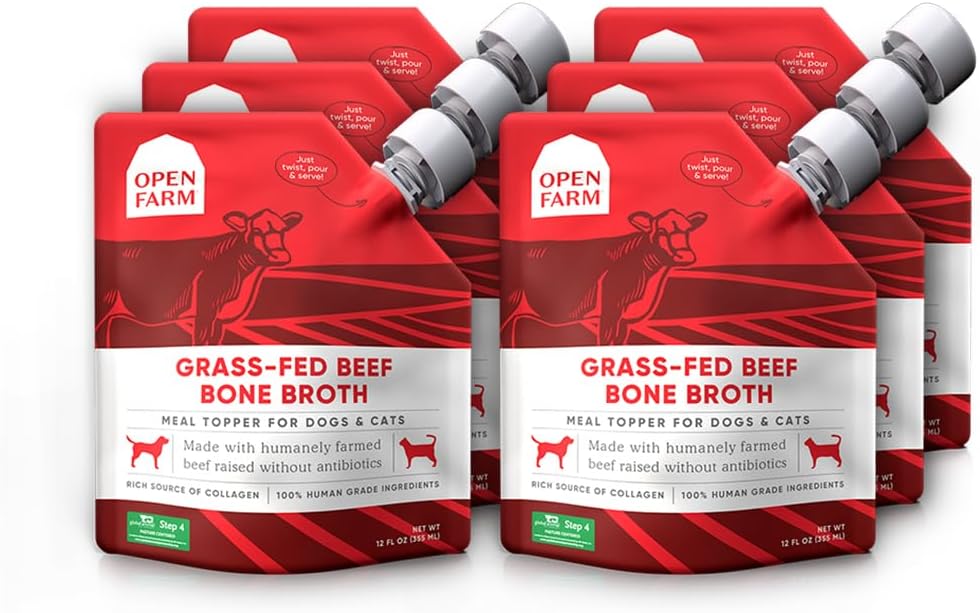 Open Farm Bone Broth, Food Topper for Both Dogs and Cats with Responsibly Sourced Meat and Superfoods Without Artificial Flavors or Preservatives, 72oz (6 Pack Grass-Fed Beef)