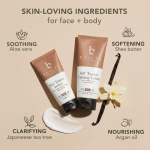 Self Tanner Face & Body - With Organic Aloe Vera & Shea Butter, Sunless Tanning Lotion, Bronzer Buildable Light, Medium or Dark Tan, Fake Tan Self Tanners Best Sellers, 7.5oz (body) 3oz (face)