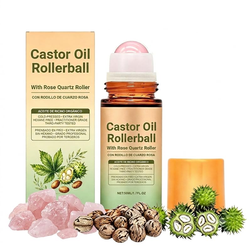 Castor Oil Rose Quartz Roller: 100% Cold Pressed Moisturizing Oil - Organic Castor Oil rose Quartz Roller Ball for Face and Body, Hair, Eyebrows, Moisturize Skin (3) - Image 3