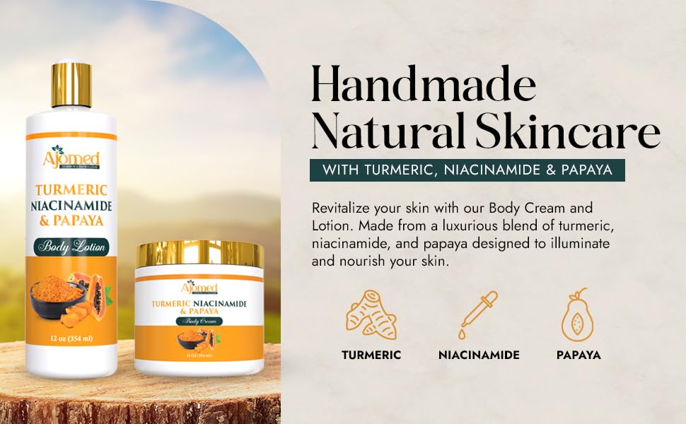 Turmeric body cream– Handmade Niacinamide papaya Turmeric Moisturizer lotion for Dark Spots, Hyperpigmentation, Acne Scars, Evens Tone- turmeric skincare -All Skin Types 8oz (CREAM) - Image 3