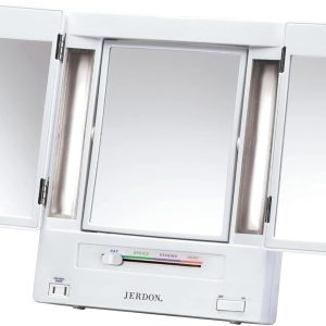 JERDON Tri-Fold Two-Sided Makeup Mirror with Lights - Vanity Mirror with 5X Magnification & Multiple Light Settings - White Base - Model JGL9W