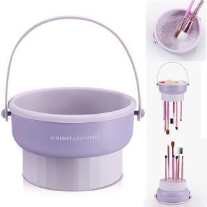 GOLIKEE Makeup Brush Cleaner Mat 3 in 1 Silicone Makeup Brush Cleaner Bowl Cosmetic Brushes Cleaning Tool Organizer for Storage and Air Drying (Purple)