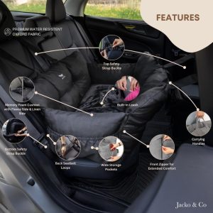JACKO & CO Premium Medium Dog Car Seat for Pets Under 40lbs - Removable Covers, Machine Washable, Water Resistant, Clip-On Leash for Back Seat Use (Black, Removable Covers - Medium (25-40lbs)) Visit the Jacko & Co Store