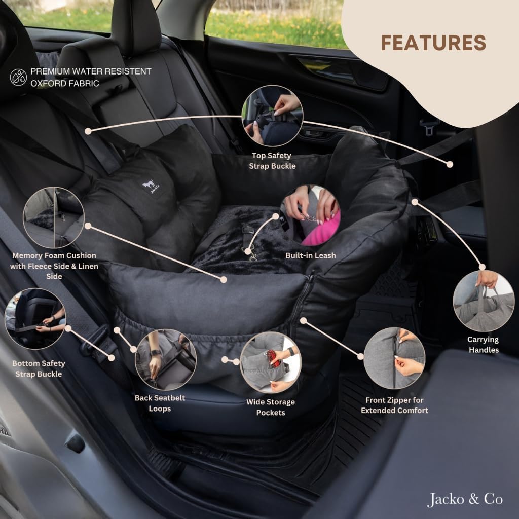JACKO & CO Premium Medium Dog Car Seat for Pets Under 40lbs - Removable Covers, Machine Washable, Water Resistant, Clip-On Leash for Back Seat Use (Black, Removable Covers - Medium (25-40lbs)) Visit the Jacko & Co Store