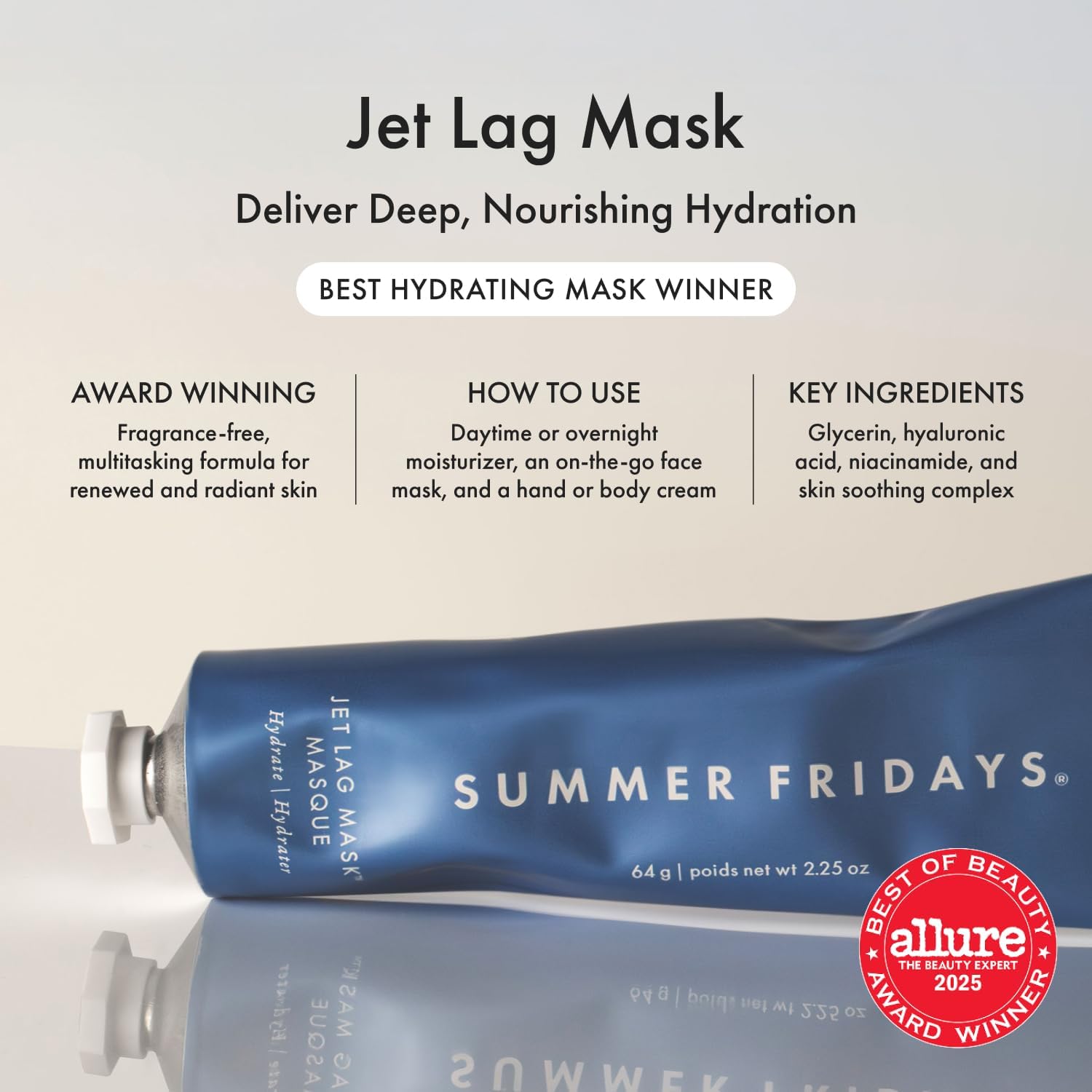 Summer Fridays Jet Lag Mask - Hydrating Overnight Face Mask, Moisturizer + Eye Cream - Enriched with Hyaluronic Acid, Niacinamide, + Antioxidants - Multitasking Travel Size Skin Care (2.25 Oz)