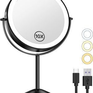 Gospire 8" Lighted Makeup Mirror with Magnification 10X/1X, 3 Color Lights & Dimmable Lighting, 360° Rotation Double Sided Rechargeable Cordless Vanity Cosmetic Standing LED Mirror for Makeup