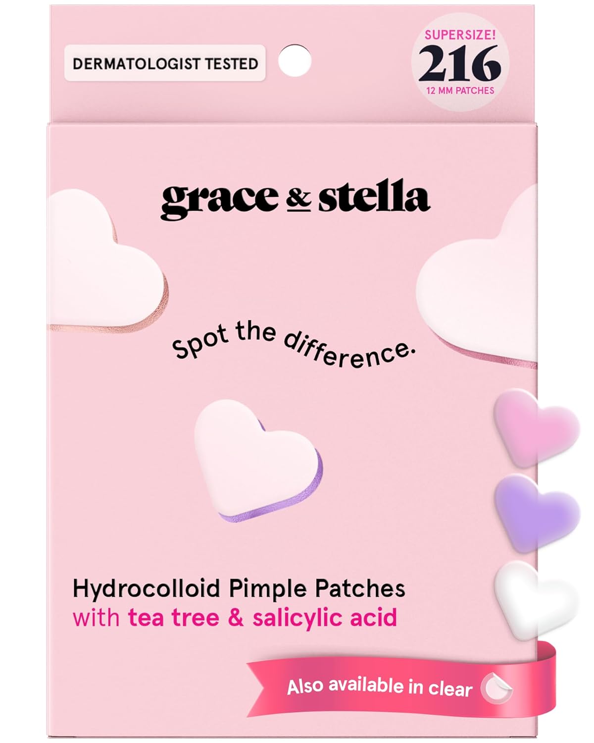 grace & stella Award Winning Pimple Patches for Face - Dermatologist Tested Acne Patches - Hydrocolloid Patch for Breakouts, Whiteheads - Vegan Acne Spot Treatment for Face (Hearts, 216 Pack)