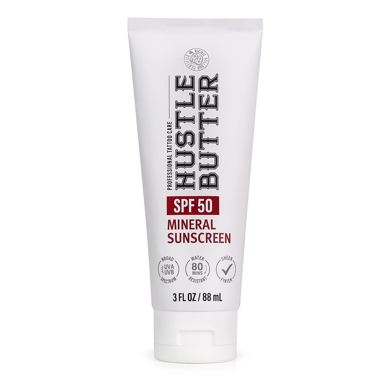Hustle Butter Tattoo Aftercare Sunscreen - Tattoo Sunscreen Lotion - Fade Protection, SPF 50, Hydrating with Shea Butter & Coconut Oil, TSA-Friendly, Water Resistant, Non-Greasy, 3 oz