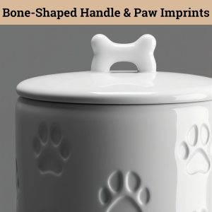 Dog Treat Container Airtight, 5"W x 9"H, Ceramic 7 Cups Big Treats Canister | Sturdy Durable Ceramic, Airtight Ceramic Lid, Fits All Popular Treats, Food Safe, Cute all-over Paw Prints and Bone Handle