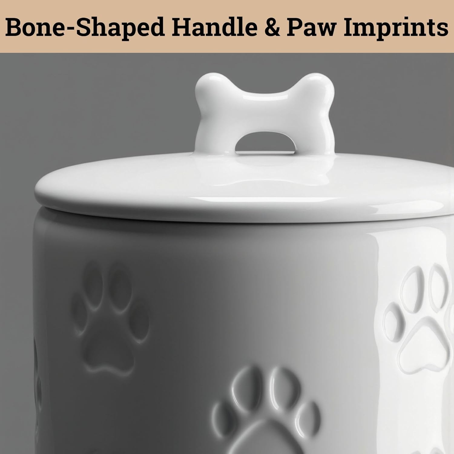 Dog Treat Container Airtight, 5"W x 9"H, Ceramic 7 Cups Big Treats Canister | Sturdy Durable Ceramic, Airtight Ceramic Lid, Fits All Popular Treats, Food Safe, Cute all-over Paw Prints and Bone Handle