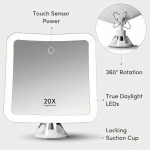 Fancii 20x Magnifying Makeup Mirror with LED Lights, Rechargeable, High Zoom | 7-inch Large Lighted Travel Mirror for Vanity and Bathroom, Dimmable, 3 Light Settings, Strong Suction, 360° Rotation