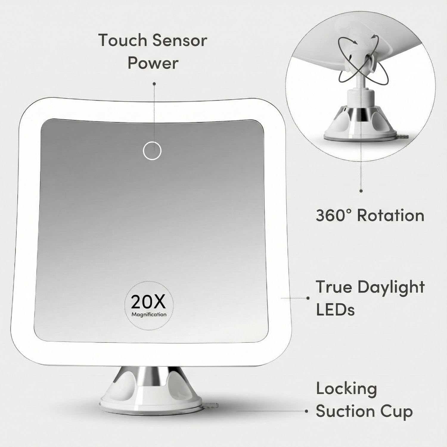 Fancii 20x Magnifying Makeup Mirror with LED Lights, Rechargeable, High Zoom | 7-inch Large Lighted Travel Mirror for Vanity and Bathroom, Dimmable, 3 Light Settings, Strong Suction, 360° Rotation