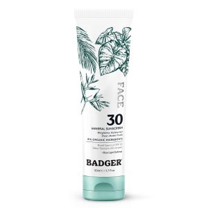 Badger Zinc Oxide Face Sunscreen SPF 30, Lightweight Mineral Sunscreen for Face, Matte Finish, No White Cast, Vegan, Water Resistant, Unscented, Mineral Sunblock Face Lotion, 1.7 fl oz
