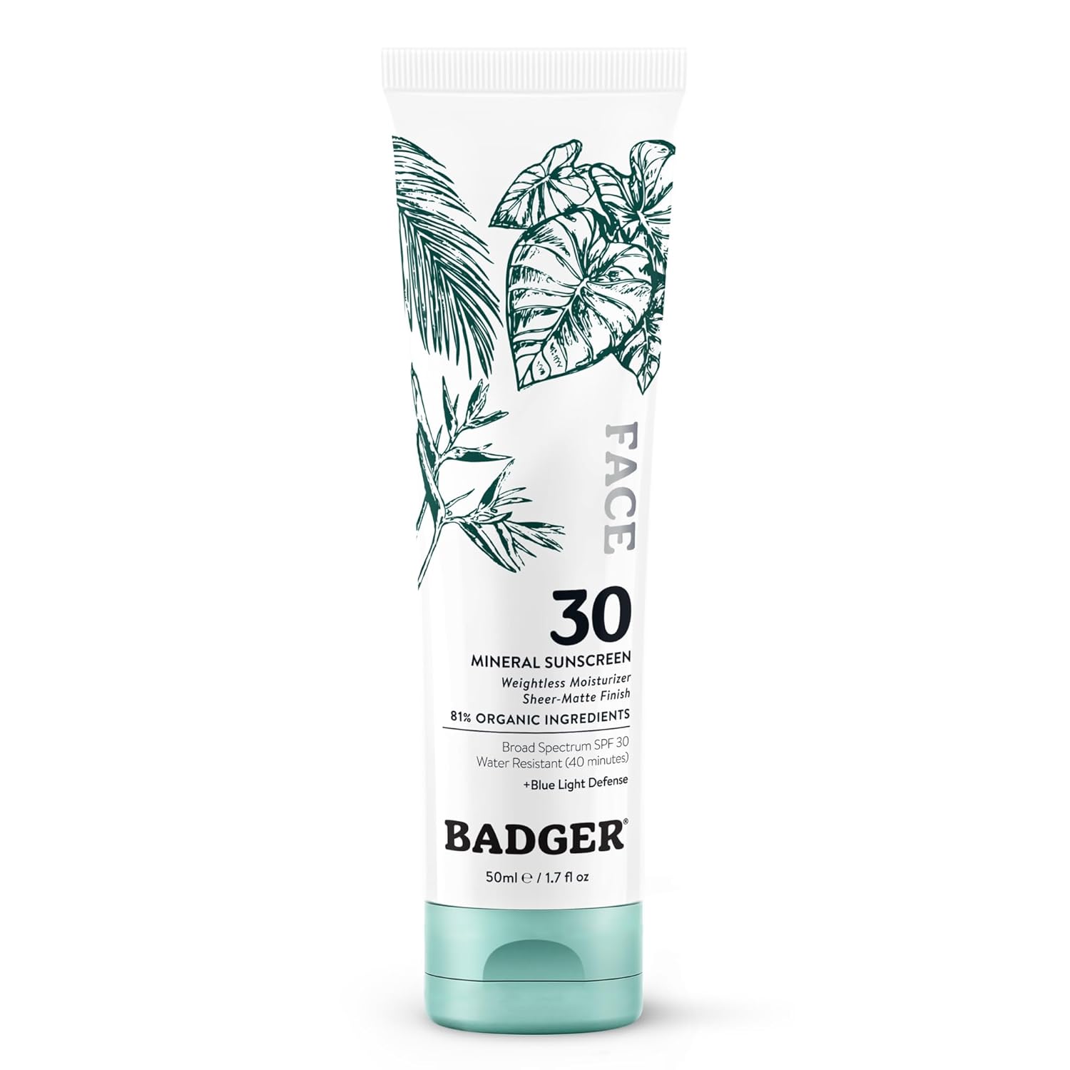 Badger Zinc Oxide Face Sunscreen SPF 30, Lightweight Mineral Sunscreen for Face, Matte Finish, No White Cast, Vegan, Water Resistant, Unscented, Mineral Sunblock Face Lotion, 1.7 fl oz