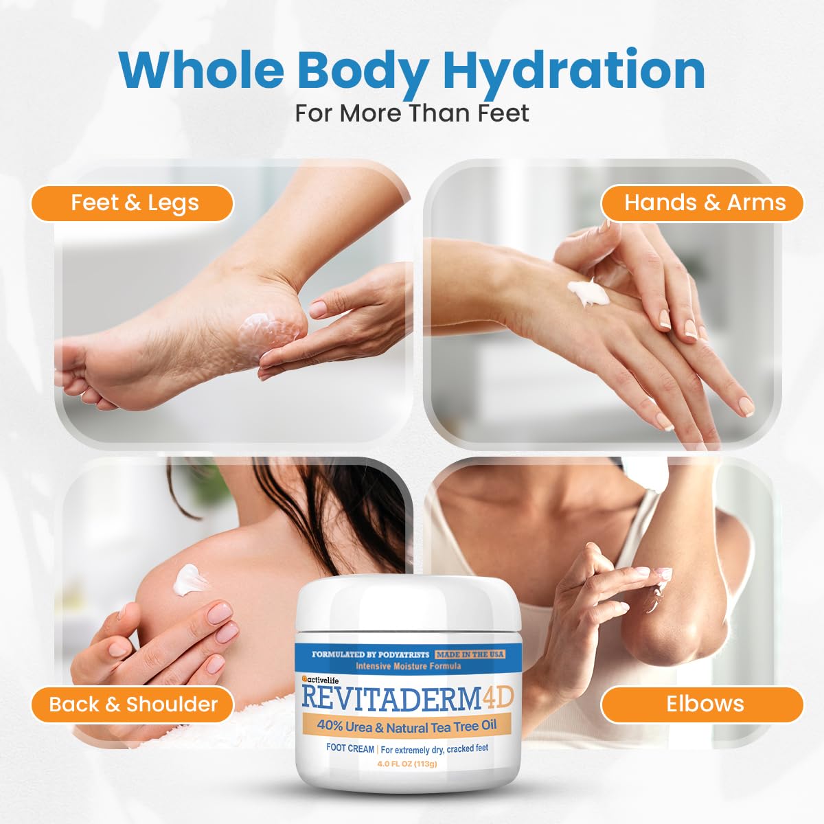 Revitaderm 4D 40% Urea Advanced Foot Cream for Cracked Heels & Dry Skin, Intensive Repair for Rough, Callused Feet, Fast Absorbing, Fragrance Free, Made in USA, 4 oz with Pumice & Brush, 3 Pack - Image 3
