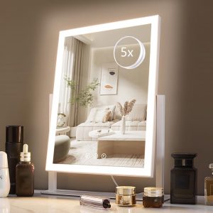 HIEEY Lighted Makeup Mirror, 17.3" x 13" Hollywood Vanity Mirror with Lights, Three Color Lighting Modes, and 5X Magnification Mirror, Smart Touch Control, 360°Rotation (White,Gift Box)