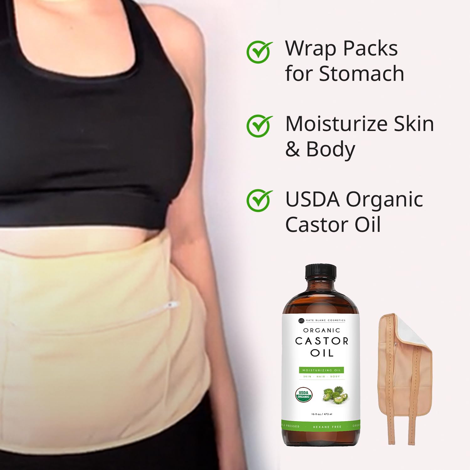 Kate Blanc Cosmetics Castor Oil Pack Wrap for Stomach & Belly (16oz Glass Bottle) Moisturize Body & Skin. Reusable, Adjustable, Comfortable Fit. - Image 3