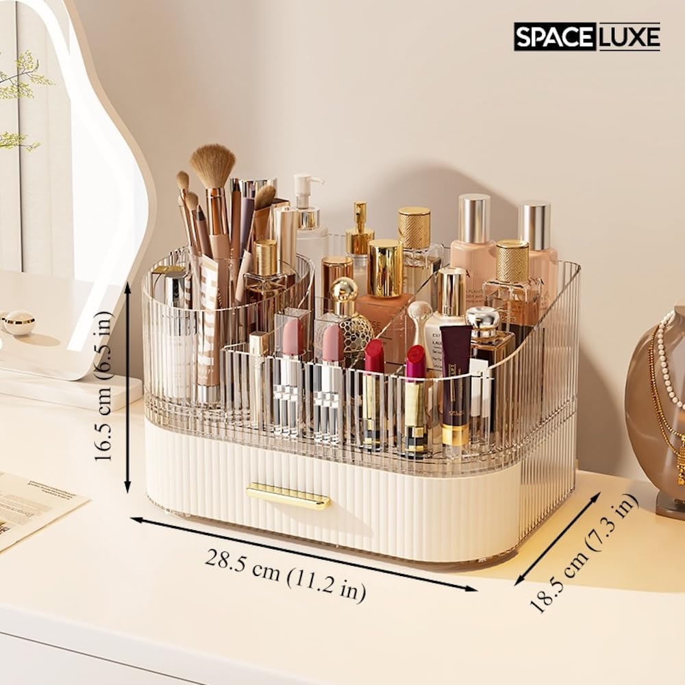 Makeup Organizer with Drawers, 360° Rotating Brush Holder | 2-Tier, Cosmetic storage for vanity, skincare, perfume, hair accessories, lipstick and jewelry, Cream White - Image 3