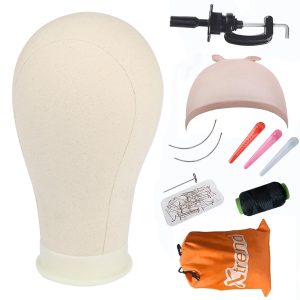 XTREND 21"-24'' Poly Canvas Block Head for Making Weft/Wig/Hair Extension Making Display Styling Mannequin Head with Stand Set Manikin Canvas Head Hair Accessories