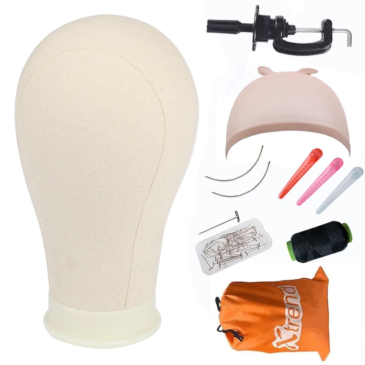 XTREND 21"-24'' Poly Canvas Block Head for Making Weft/Wig/Hair Extension Making Display Styling Mannequin Head with Stand Set Manikin Canvas Head Hair Accessories