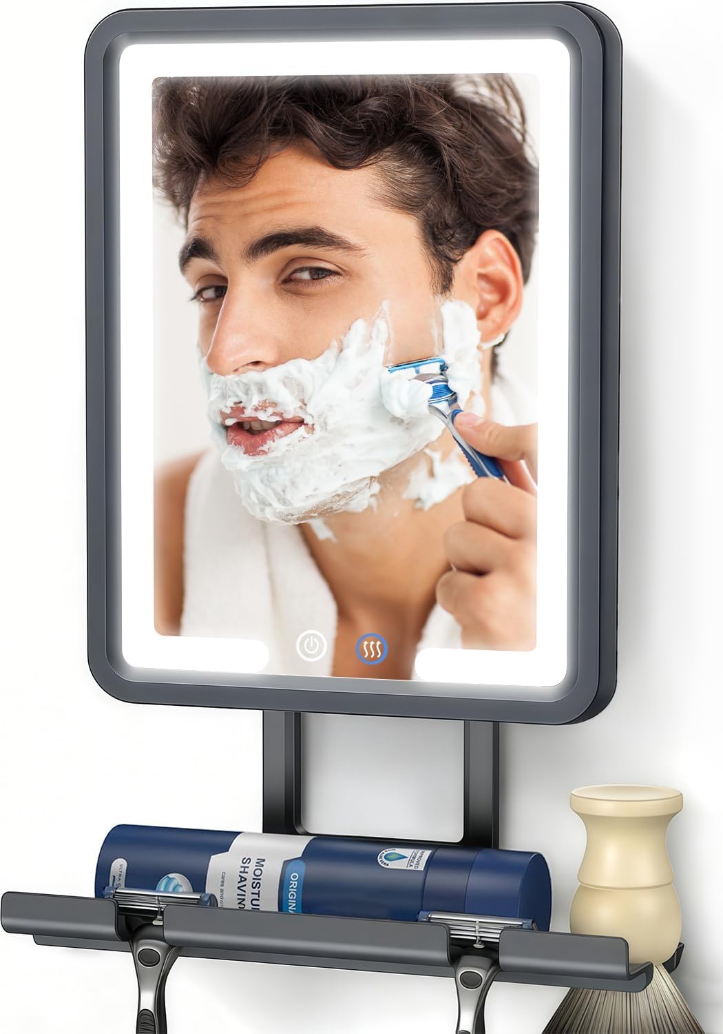 Heated Shower Mirror Fogless for Shaving with 3-Color Dimmable LED Lights, Rechargeable, 360 Degree Adjustable, Drill-Free, All-in-One Storage Tray Holds Shaving Foam, Brush and 2 Razors, Black - Image 3