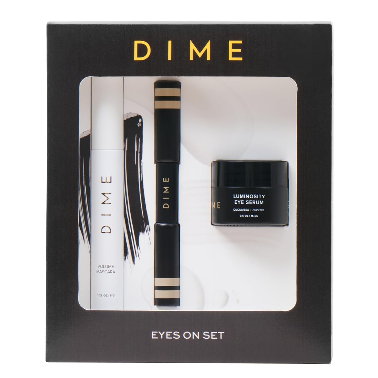 DIME Beauty Eyes On Set - Luminosity Eye Serum for Dark Circles & Puffiness, Volume Boost Tubing Mascara & Eyebrow Enhancing Gel - Clean, Vegan Eye Care Bundle - 3 Piece Kit