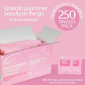Air Jungles Bulk Makeup Remover Wipes 250 Ct, Individually Wrapped | Hotel Travel Size Toiletries, Cleansing Face, Lid & Eyes Waterproof Makeup, Vitamin E For All Skin Types, Fragrance-Free