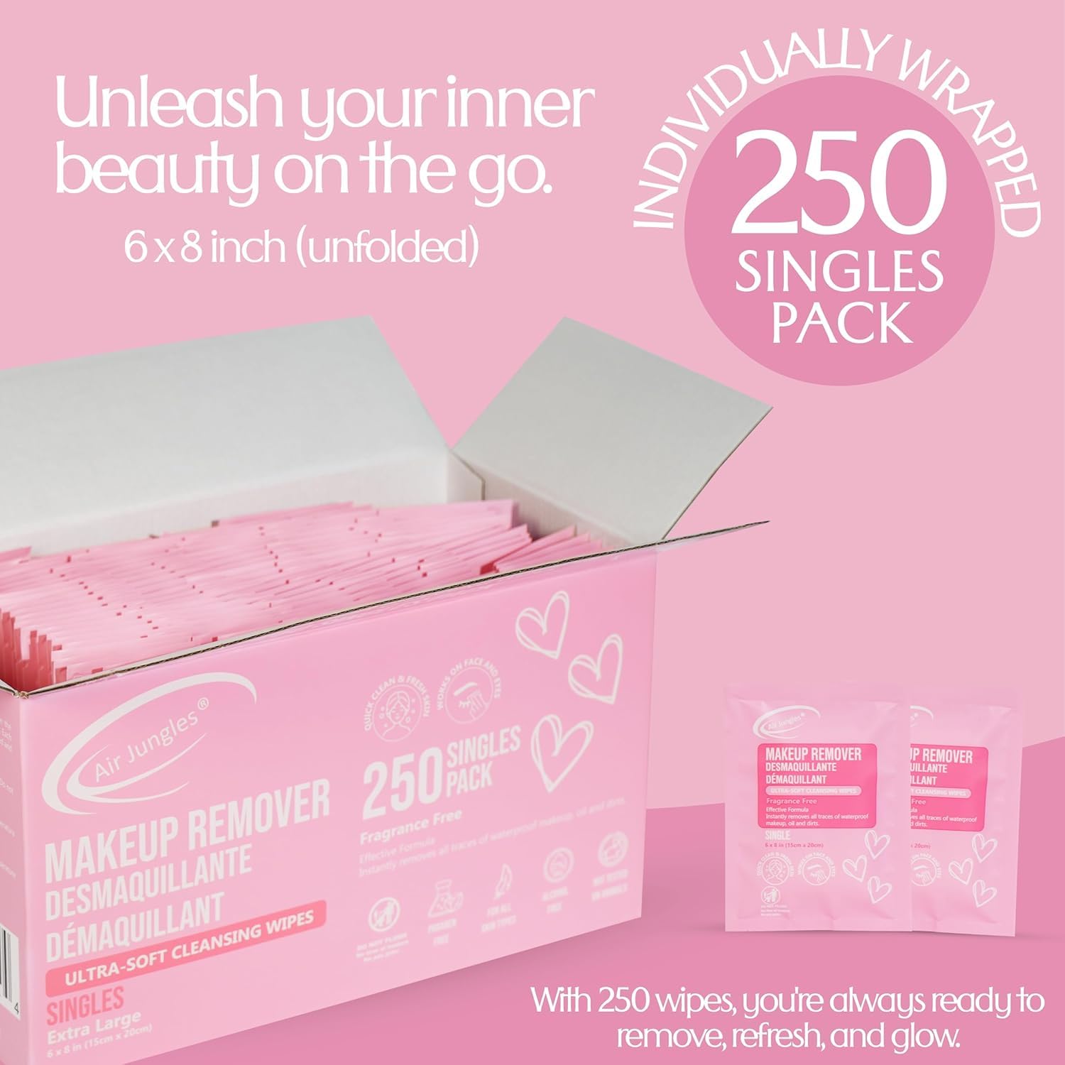 Air Jungles Bulk Makeup Remover Wipes 250 Ct, Individually Wrapped | Hotel Travel Size Toiletries, Cleansing Face, Lid & Eyes Waterproof Makeup, Vitamin E For All Skin Types, Fragrance-Free