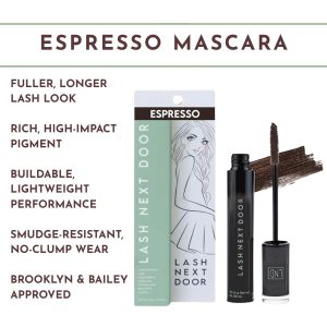 Lash Next Door Espresso Brown Volumizing Mascara, Lengthening No-Clump Formula, Smudge-Proof Makeup for Eyes, 2 Pack, 0.39 oz Each