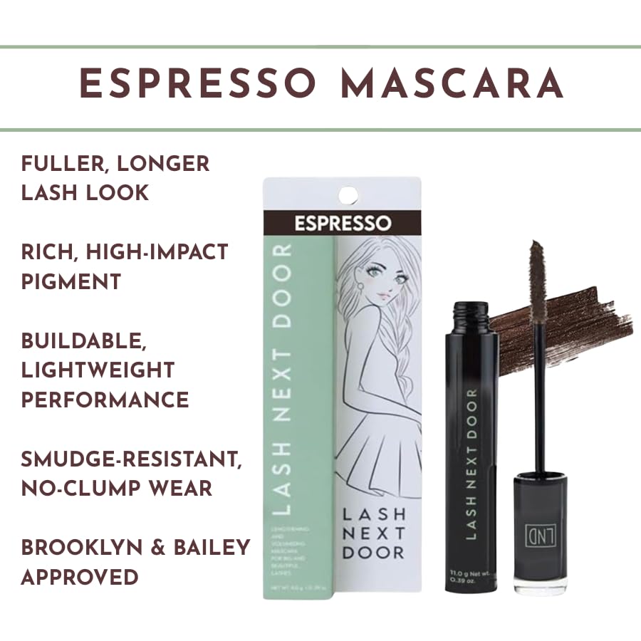 Lash Next Door Espresso Brown Volumizing Mascara, Lengthening No-Clump Formula, Smudge-Proof Makeup for Eyes, 2 Pack, 0.39 oz Each