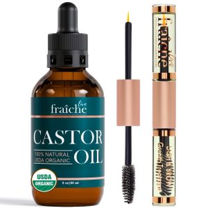Organic Castor Oil Lash Serum for Hair Growth, Eyebrow Eyelash Growth Serum, Cold Pressed (2oz Glass Bottle + FILLED Tube)