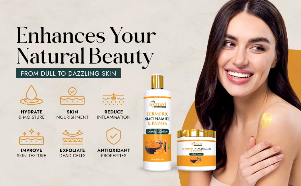 Turmeric body cream– Handmade Niacinamide papaya Turmeric Moisturizer lotion for Dark Spots, Hyperpigmentation, Acne Scars, Evens Tone- turmeric skincare -All Skin Types 8oz (CREAM) - Image 2
