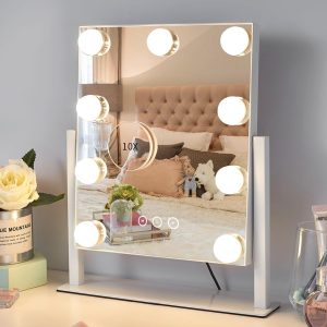 Kotdning Vanity Mirror with Lights,Lighted Vanity Mirror with 9 Dimmable Bulbs for Dressing Room & Bedroom,3 Color Lighting,Modes Detachable 10x Magnification 360°Ratation(White) 12" L x 14.4" W