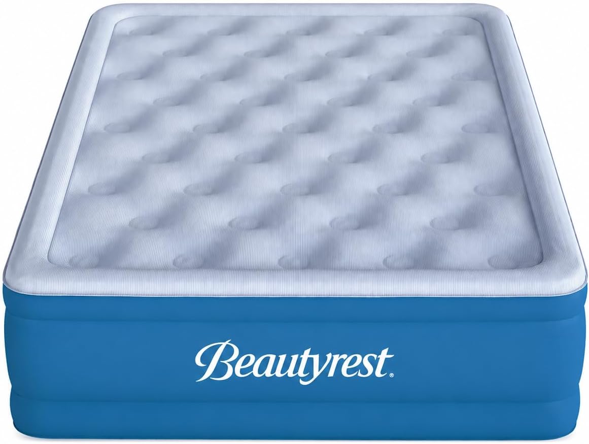 Beautyrest SensAir 20" Queen Air Mattress, Pump & Cool Vent Topper | 20-inch queen air mattress with anti-leak pump, cool vent topper, offset coil support, and reinforced edges for guests.