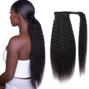 Straight Ponytail Human Hair with Wrap Around Magic Tape, Brazilian Hair Clip in Extensions Wavy Yaki Pony Tail Color Natrual Black (14", 1B, Straight, Wrap Around)