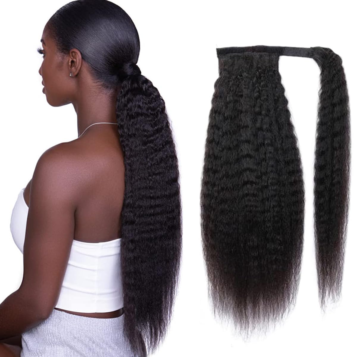 Straight Ponytail Human Hair with Wrap Around Magic Tape, Brazilian Hair Clip in Extensions Wavy Yaki Pony Tail Color Natrual Black (14", 1B, Straight, Wrap Around)