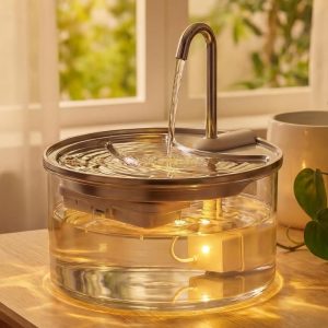 Tomxcute Glass Cat Water Fountain, 84oz/2.5L Scientific Gold Capacity for 1-2 Cats, Tiered Step-Level Pet Fountain with Soft Warm Glow, Ultra Quiet Borosilicate Glass Waterer to Reduce Feline Acne