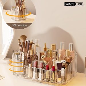 Makeup Organizer with Drawers, 360° Rotating Brush Holder | 2-Tier, Cosmetic storage for vanity, skincare, perfume, hair accessories, lipstick and jewelry, Cream White