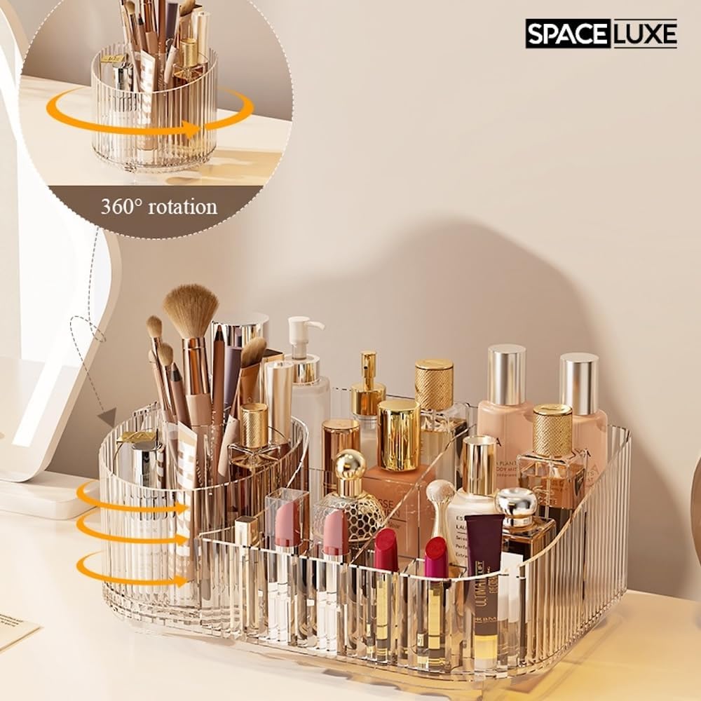 Makeup Organizer with Drawers, 360° Rotating Brush Holder | 2-Tier, Cosmetic storage for vanity, skincare, perfume, hair accessories, lipstick and jewelry, Cream White
