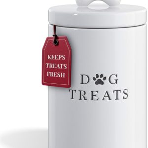Barnyard Designs Large Dog Treat Container Airtight with Lid, Cute Rustic Ceramic Dog Treat Storage Jar for Kitchen Counter (White)