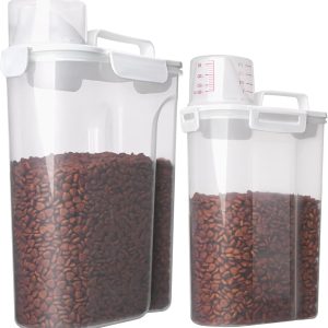 TIOVERY Dog Food Storage Container, 5-7 Lbs Airtight Pet Food Container, Cat food Container Dispenser with Portable Handle, Pouring Spout and Measuring Cup for Dogs Cats 2Pack White/6Qt