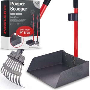 Pawler Pooper Scooper for Large Dogs, Small Dogs and Horses, Metal Poop Scooper Set with Long Handle Rake and Tray for Yard, Grass, Dirt or Gravel, Heavy Duty Aluminum Poop Picker Upper