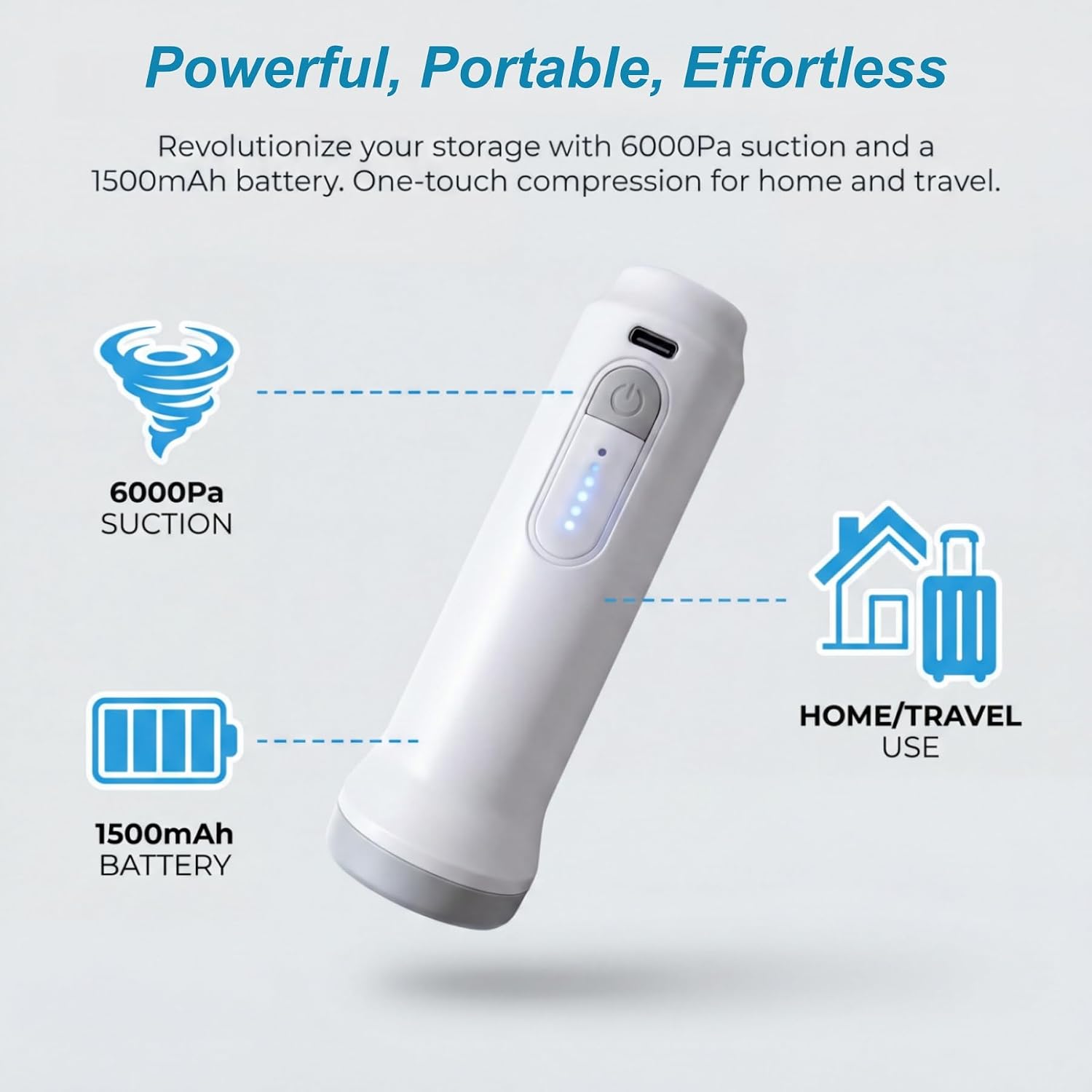 Cordless Electric Vacuum Pump, for Storage Bags, 6000Pa Suction | Handheld Travel Air Pump, USB Rechargeable Mini Air Compressor, for Vacuum Storage Bags, Home & Luggage Packing - Image 3