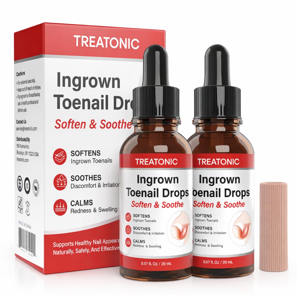 Treatonic Ingrown Toenail Treatment Drops - Ingrown Toenail Softener and Reliever Kit for Easy Trimming with Silicone Gel Toe Caps - 2 Pack