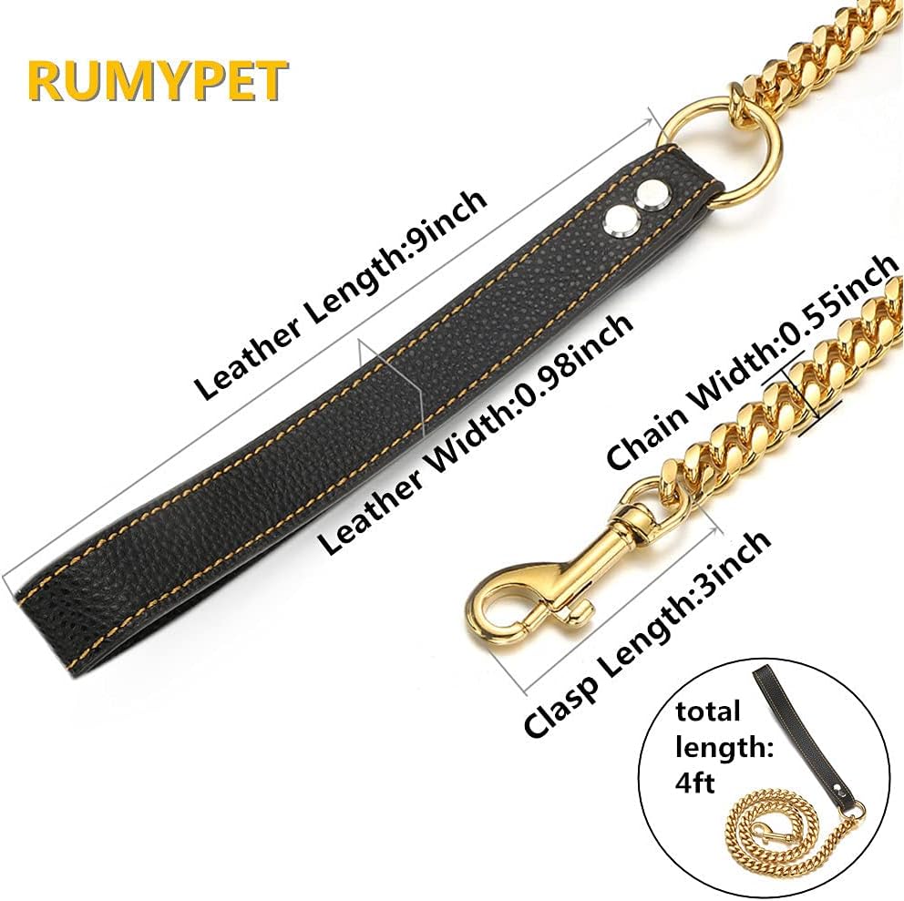 3FT/4FT/5FT Heavy Duty Gold Dog Chain Leash 14MM Stainless Steel Miami Cuban Link Chain with Durable Genuine Leather Handle for Training Walking(14mm,4ft)… - Image 2