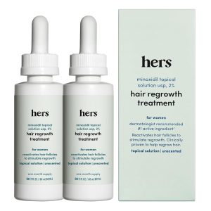 hers Hair Regrowth Treatment - Topical Minoxidil 2% Solution for Women - Supports Thicker, Fuller Hair - Non-Greasy - Unscented, 2 Pack